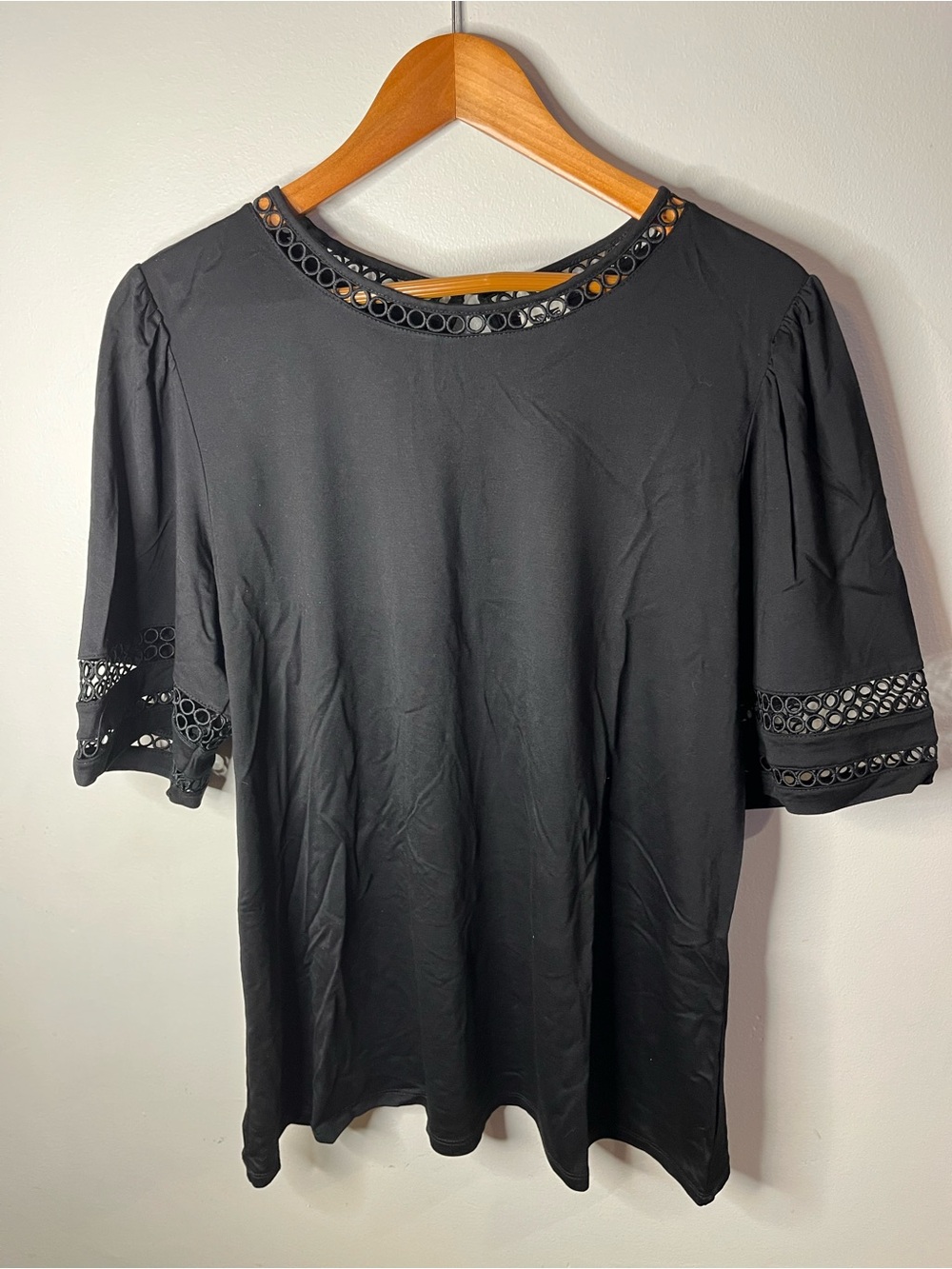 Anne Klein Black Short Sleeve Top with Eyelet Trim